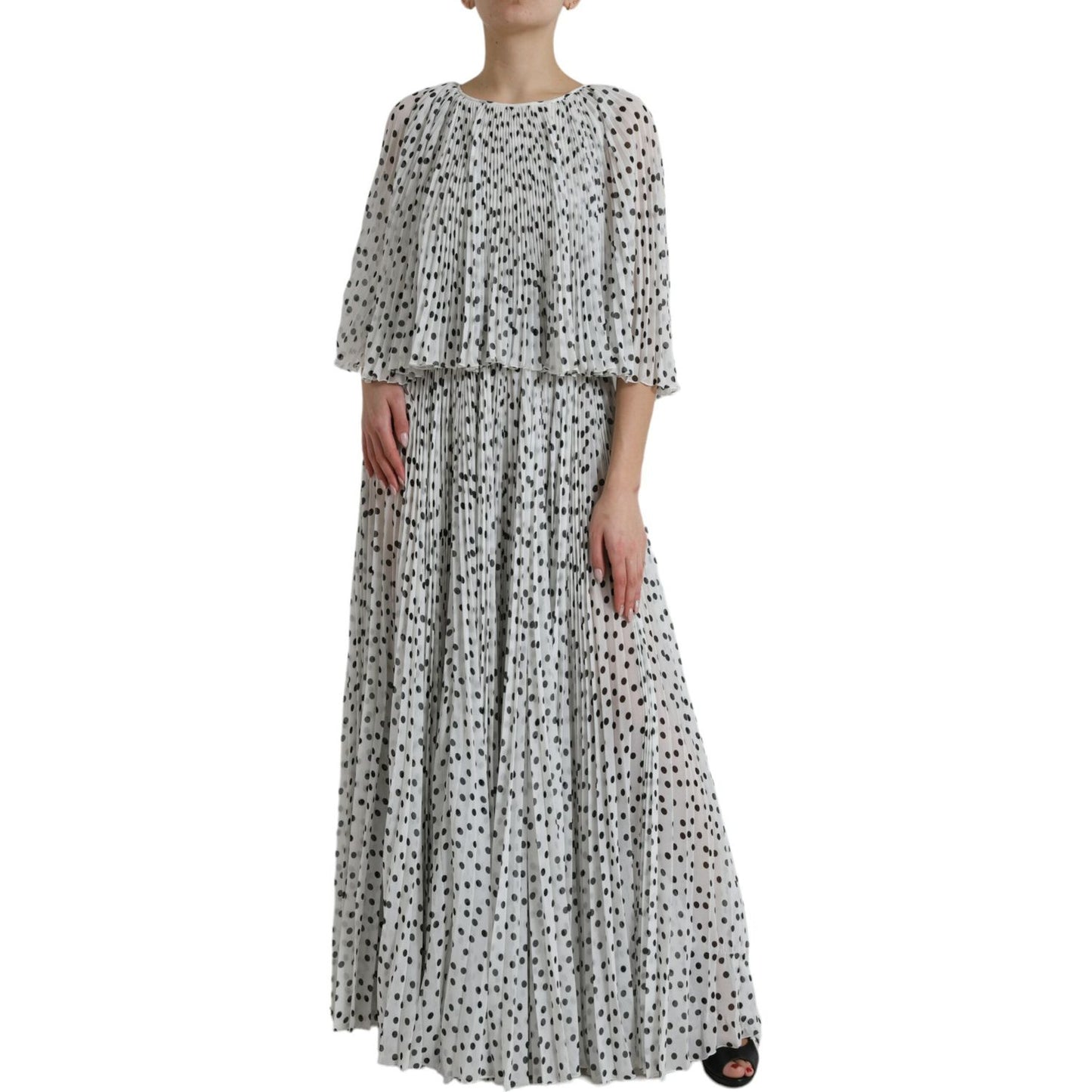 Dolce & Gabbana White Polka Dot A-line Pleated Maxi Dress Dolce & Gabbana