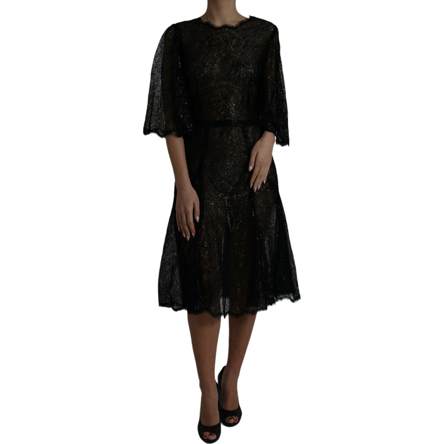 Dolce & Gabbana Black Floral Lace Sheer A-line Midi Dress Dolce & Gabbana