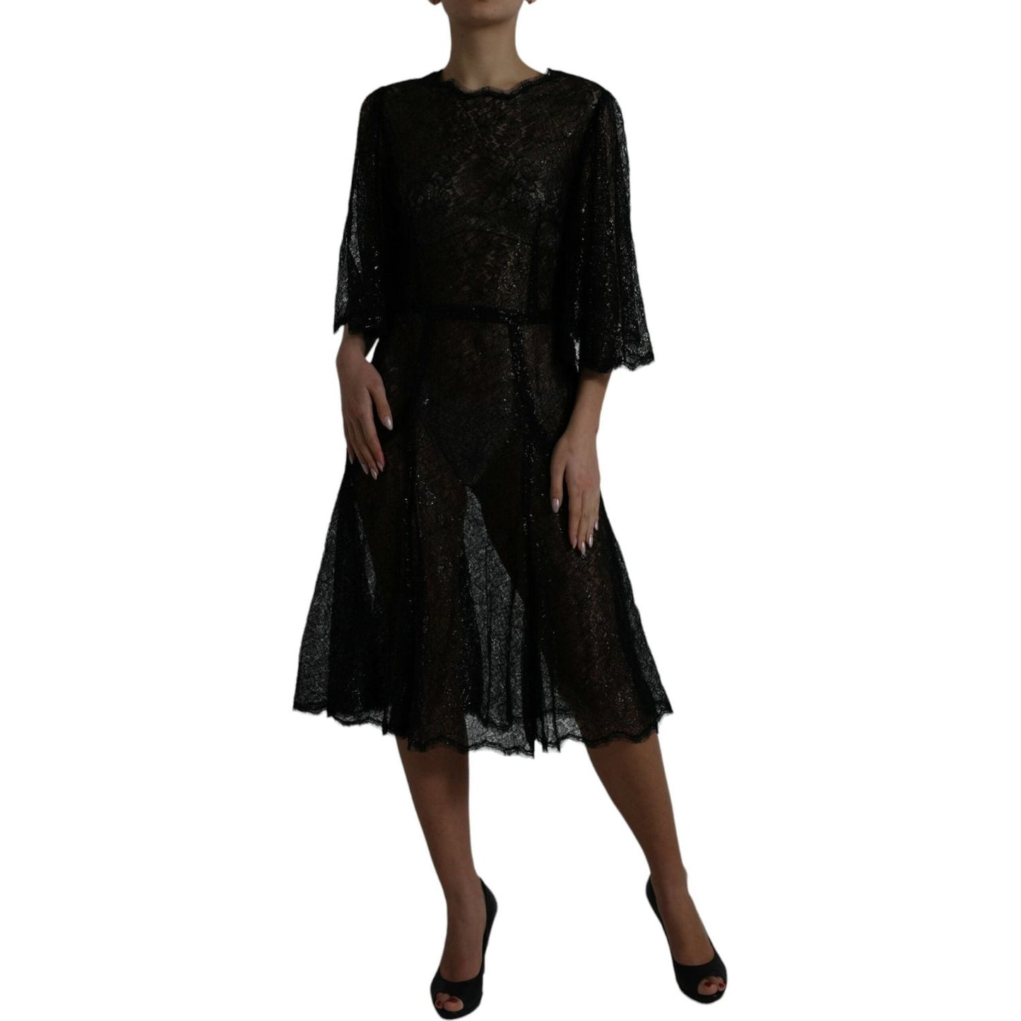 Dolce & Gabbana Black Floral Lace Sheer A-line Midi Dress Dolce & Gabbana