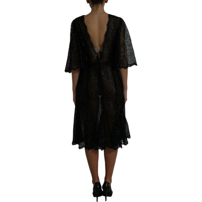 Dolce & Gabbana Black Floral Lace Sheer A-line Midi Dress Dolce & Gabbana