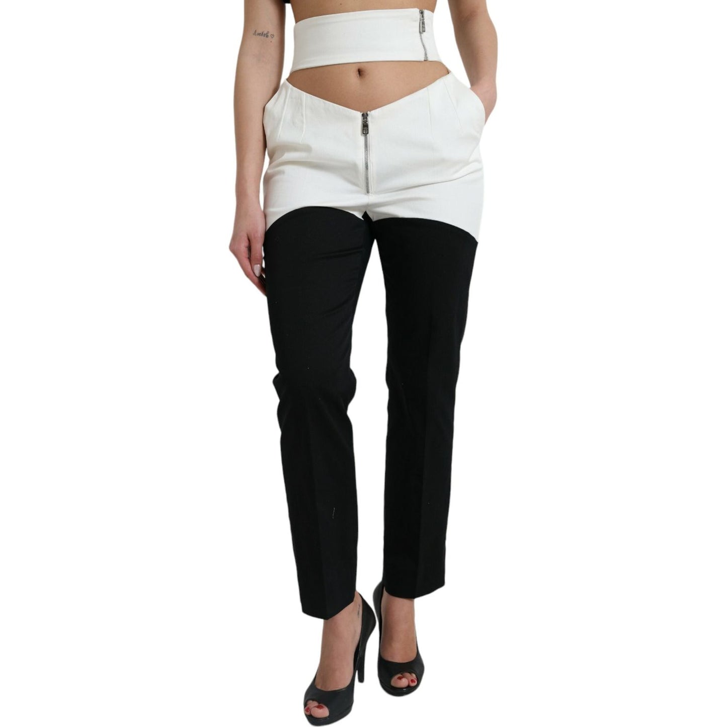 Dolce & Gabbana Black White Cotton Cut Out Waist Tapered Pants Dolce & Gabbana