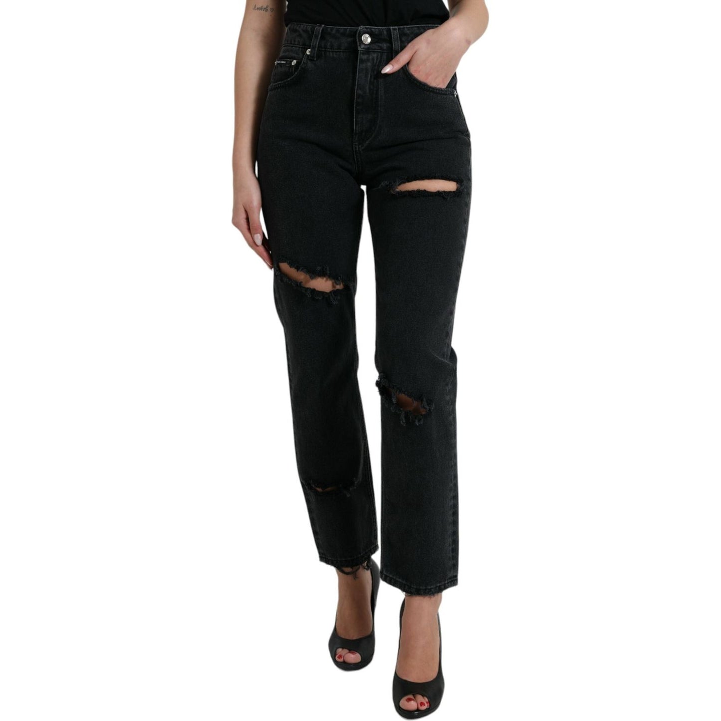 Dolce & Gabbana Black Cotton High Waist Tattered Denim Jeans Dolce & Gabbana