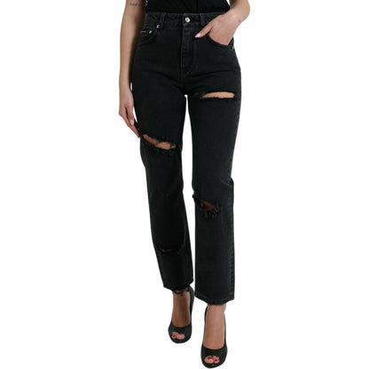 Dolce & Gabbana Black Cotton High Waist Tattered Denim Jeans Dolce & Gabbana