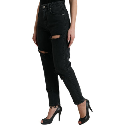 Dolce & Gabbana Black Cotton High Waist Tattered Denim Jeans Dolce & Gabbana