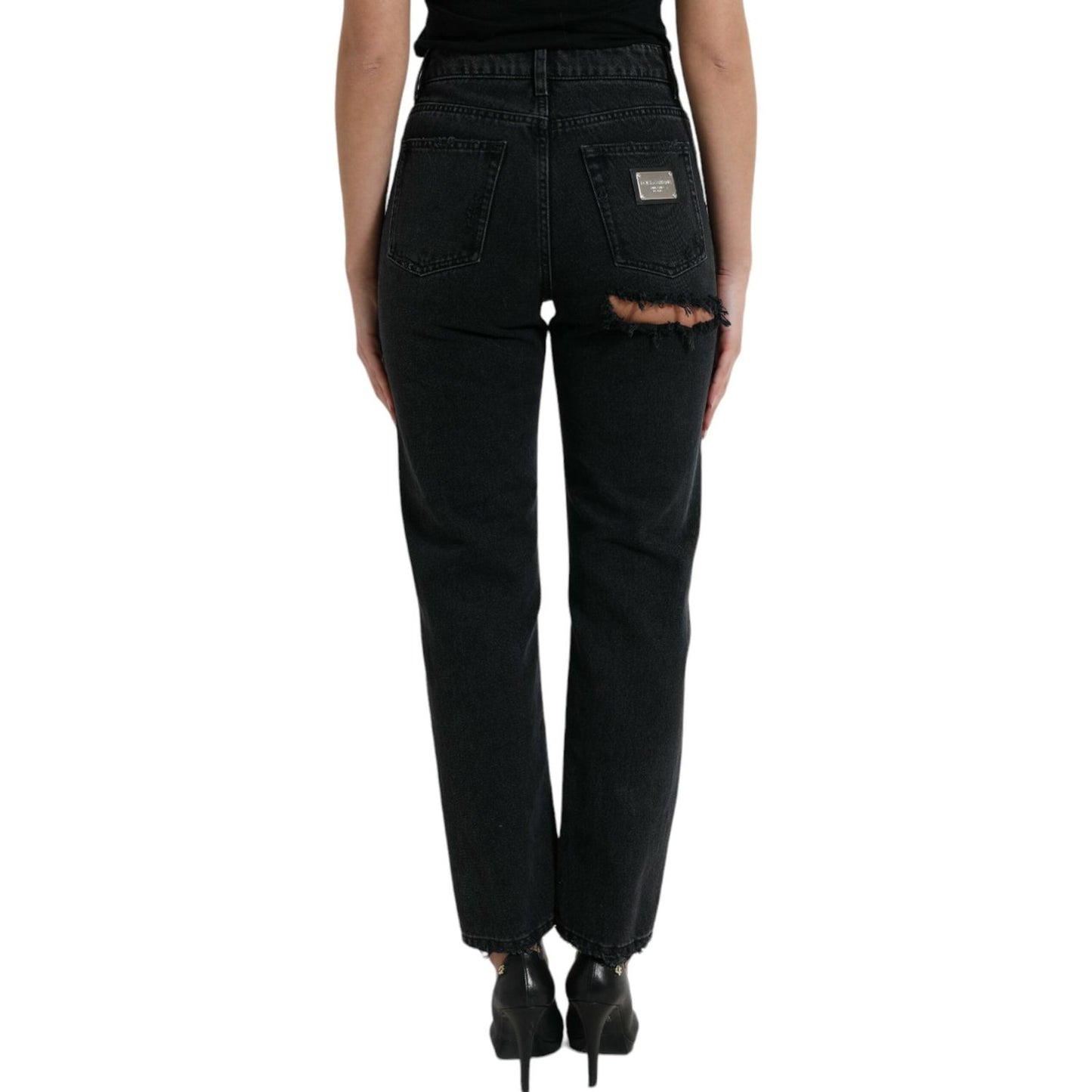 Dolce & Gabbana Black Cotton High Waist Tattered Denim Jeans Dolce & Gabbana