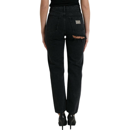 Dolce & Gabbana Black Cotton High Waist Tattered Denim Jeans Dolce & Gabbana