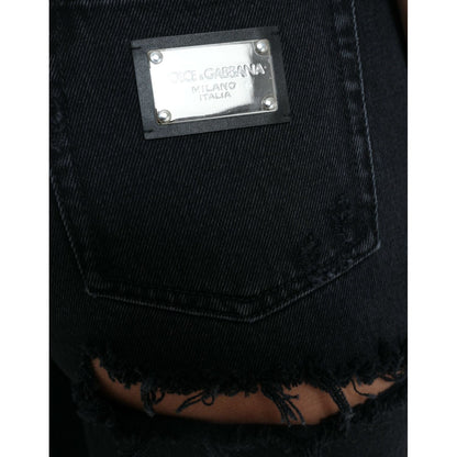 Dolce & Gabbana Black Cotton High Waist Tattered Denim Jeans Dolce & Gabbana