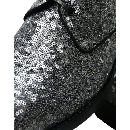 Dolce & Gabbana Silver Sequined Lace Up Men Derby Dress Shoes Dolce & Gabbana