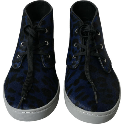 Dolce & Gabbana Blue Calfskin Leopard Mid Top Sneakers Shoes Dolce & Gabbana