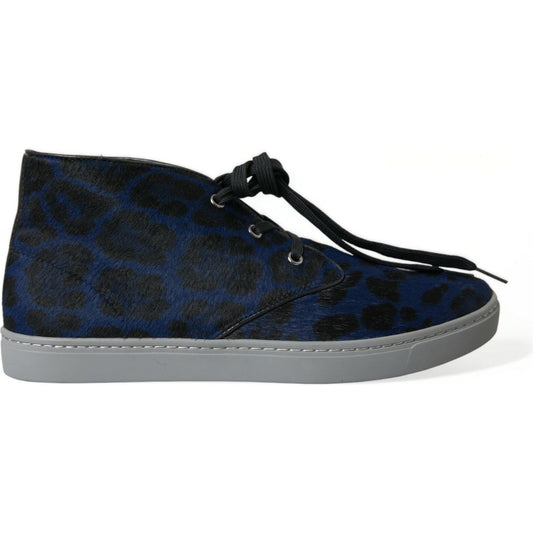 Dolce & Gabbana Blue Calfskin Leopard Mid Top Sneakers Shoes Dolce & Gabbana