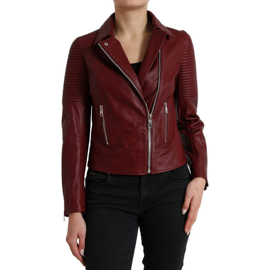 Dolce & Gabbana Bordeaux Leather Biker Coat Lambskin Jacket