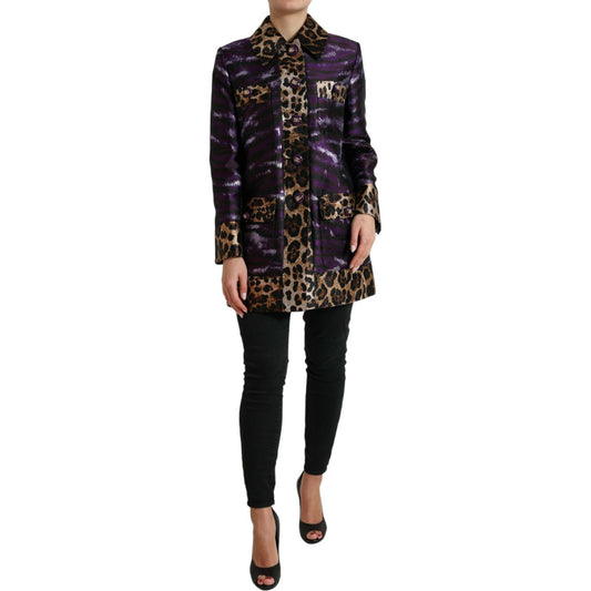 Dolce & Gabbana Purple Lamé Jacquard Tiger Print Coat Jacket Dolce & Gabbana