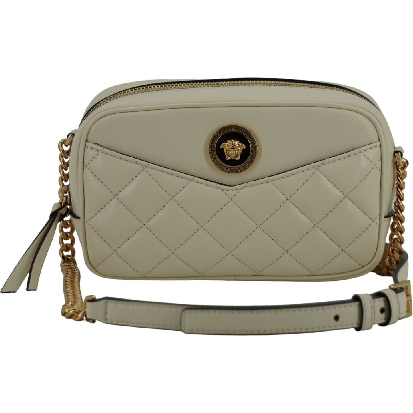 Versace White Lamb Leather Small Camera Crossbody Bag Versace