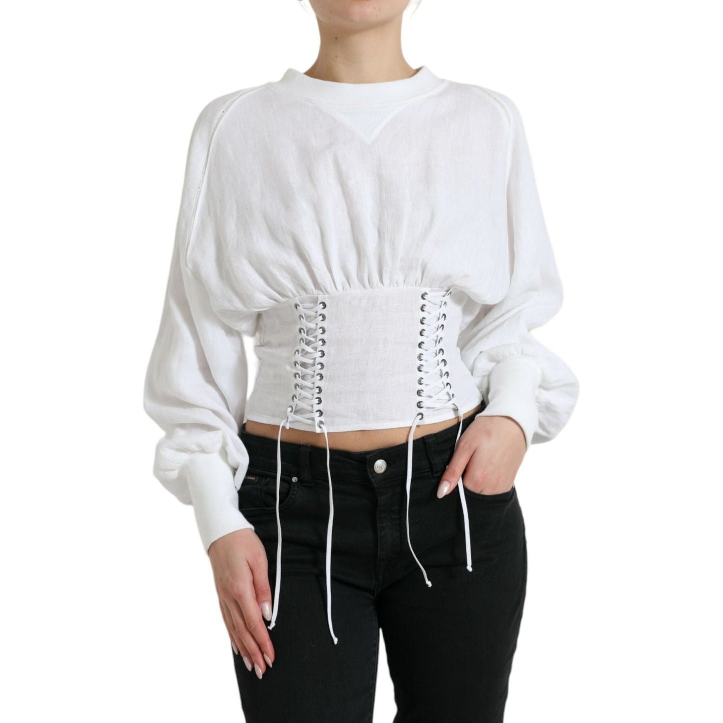 Dolce & Gabbana White Cotton Corset Cropped Long Sleeves Topclothing Dolce & Gabbana