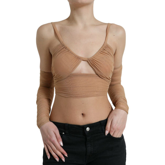 Dolce & Gabbana Brown Nylon Stretch Open Shoulder Cropped Top Dolce & Gabbana