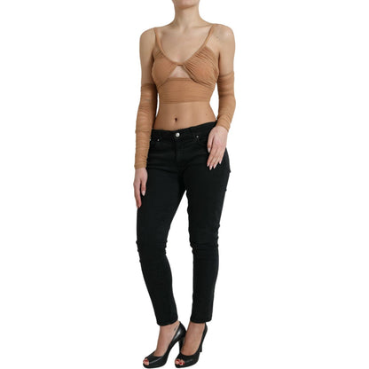 Dolce & Gabbana Brown Nylon Stretch Open Shoulder Cropped Top Dolce & Gabbana