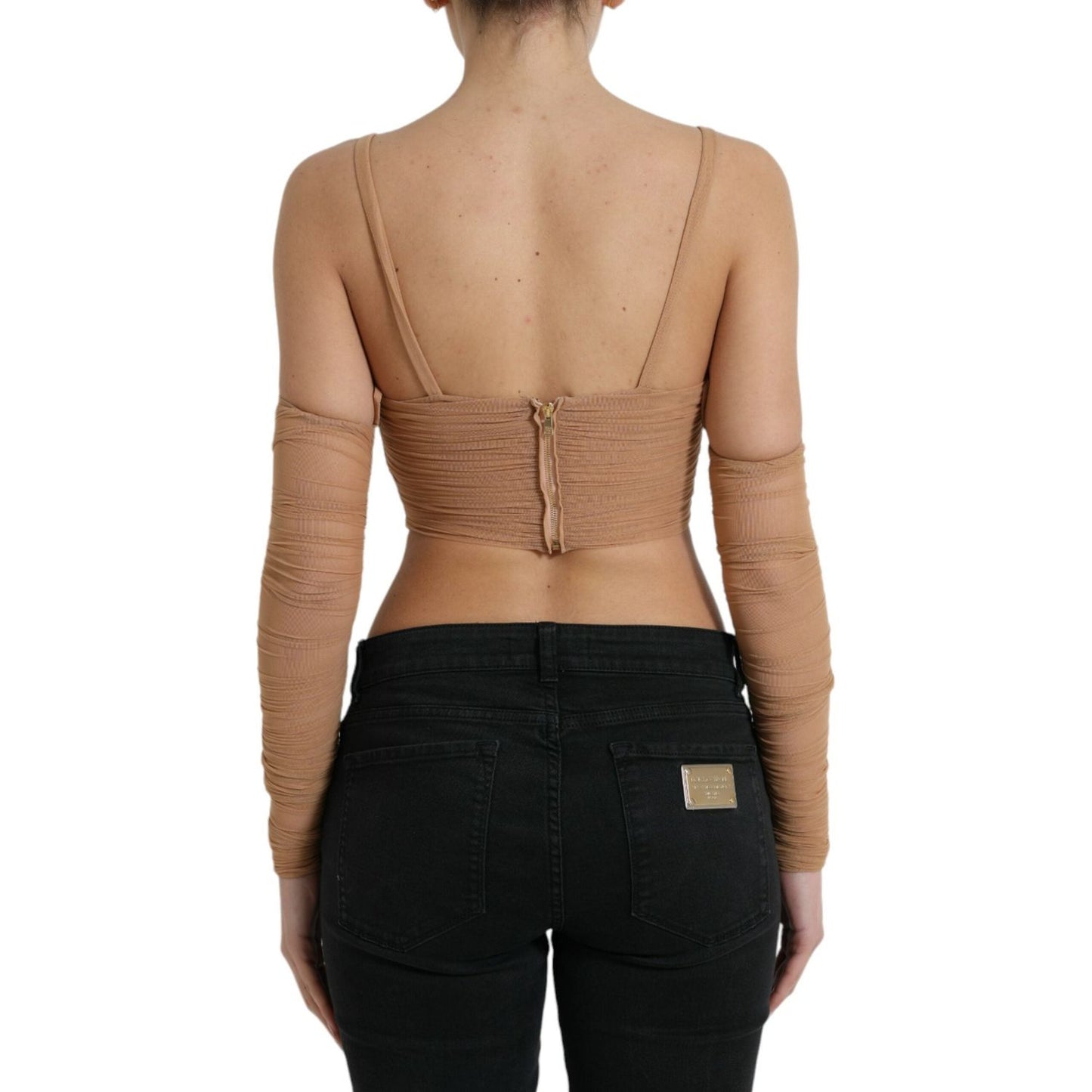 Dolce & Gabbana Brown Nylon Stretch Open Shoulder Cropped Top Dolce & Gabbana