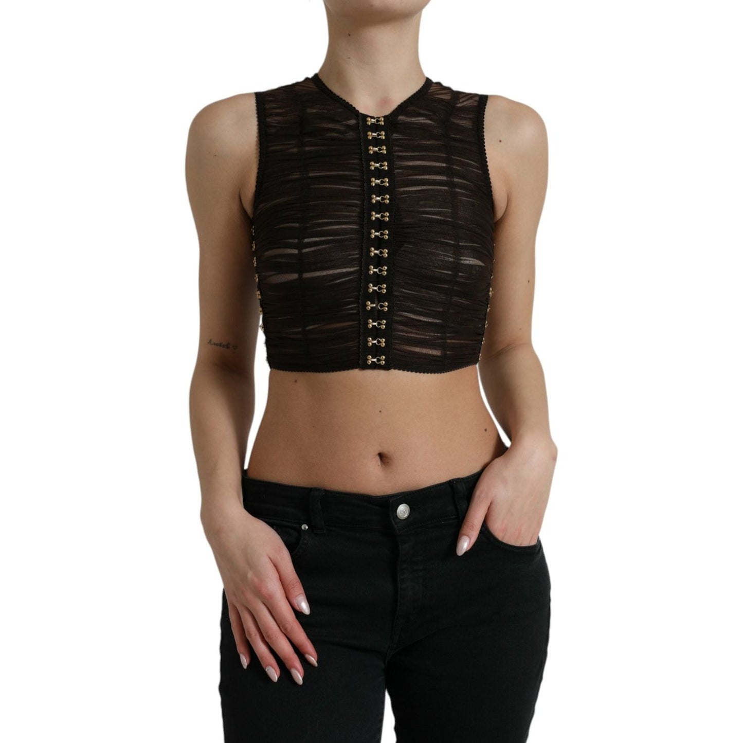 Dolce & Gabbana Brown Embellished Nylon Stretch Cropped Top Dolce & Gabbana