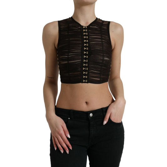 Dolce & Gabbana Brown Embellished Nylon Stretch Cropped Top