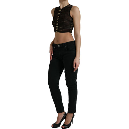 Dolce & Gabbana Brown Embellished Nylon Stretch Cropped Top Dolce & Gabbana