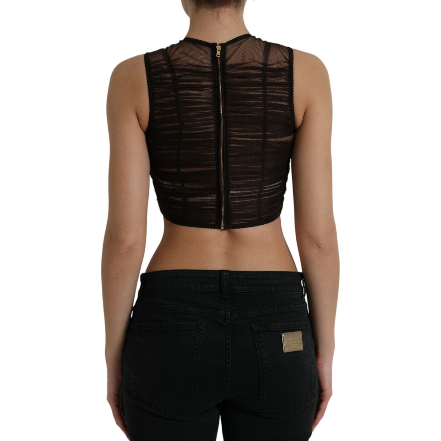 Dolce & Gabbana Brown Embellished Nylon Stretch Cropped Top Dolce & Gabbana