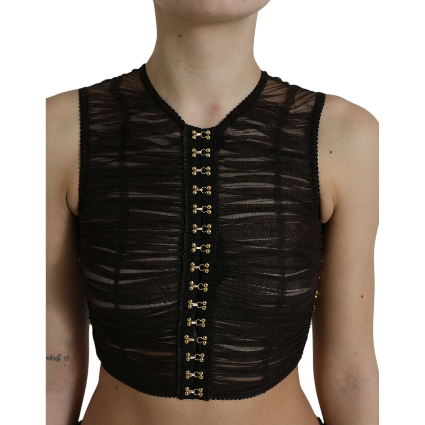 Dolce & Gabbana Brown Embellished Nylon Stretch Cropped Top Dolce & Gabbana