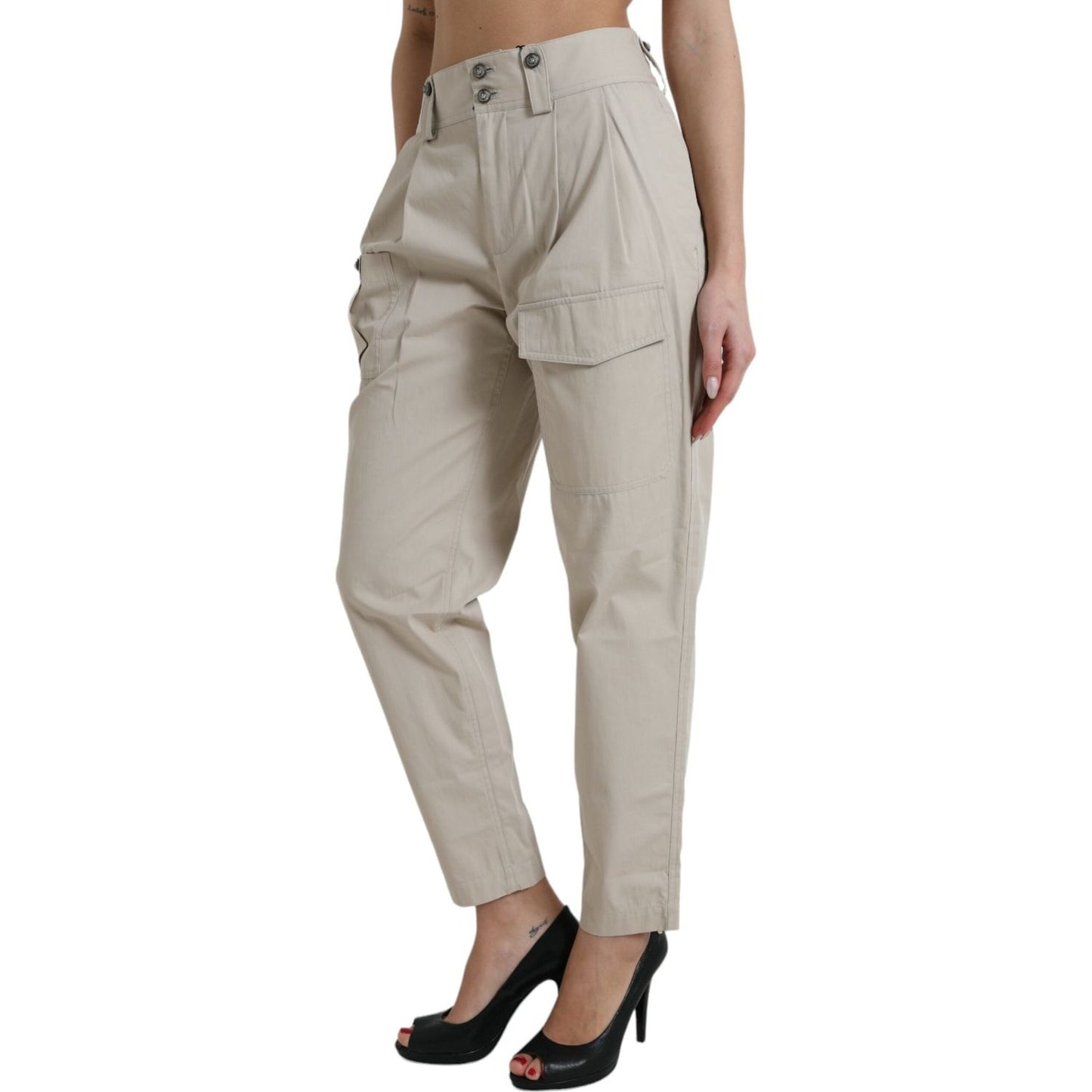 Dolce & Gabbana Beige Cotton High Waist Tapered Pants Dolce & Gabbana