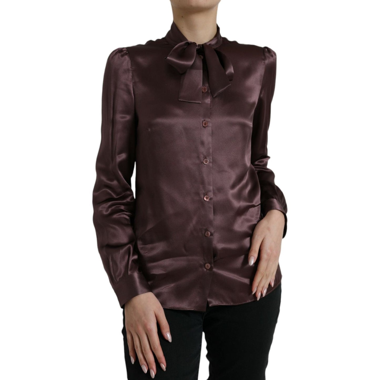 Dolce & Gabbana Brown Silk Ascot Collar Long Sleeve Blouse Top Dolce & Gabbana