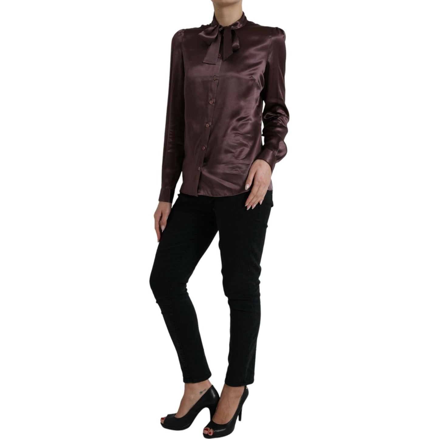 Dolce & Gabbana Brown Silk Ascot Collar Long Sleeve Blouse Top Dolce & Gabbana