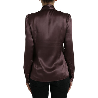 Dolce & Gabbana Brown Silk Ascot Collar Long Sleeve Blouse Top Dolce & Gabbana