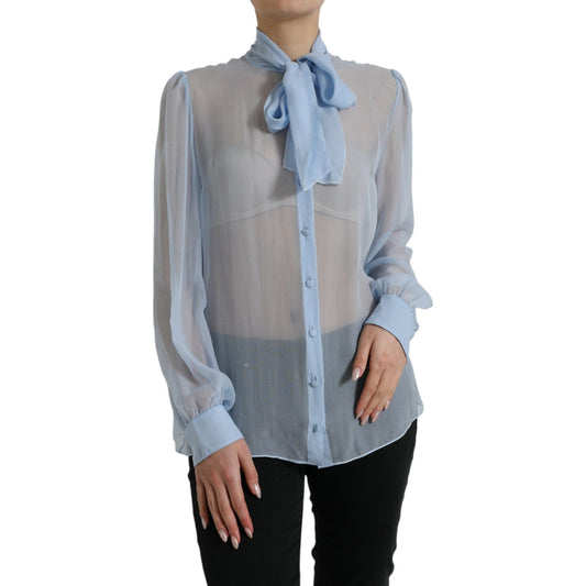 Dolce & Gabbana Blue Long Sleeves Ascot Collar Blouse Top Dolce & Gabbana
