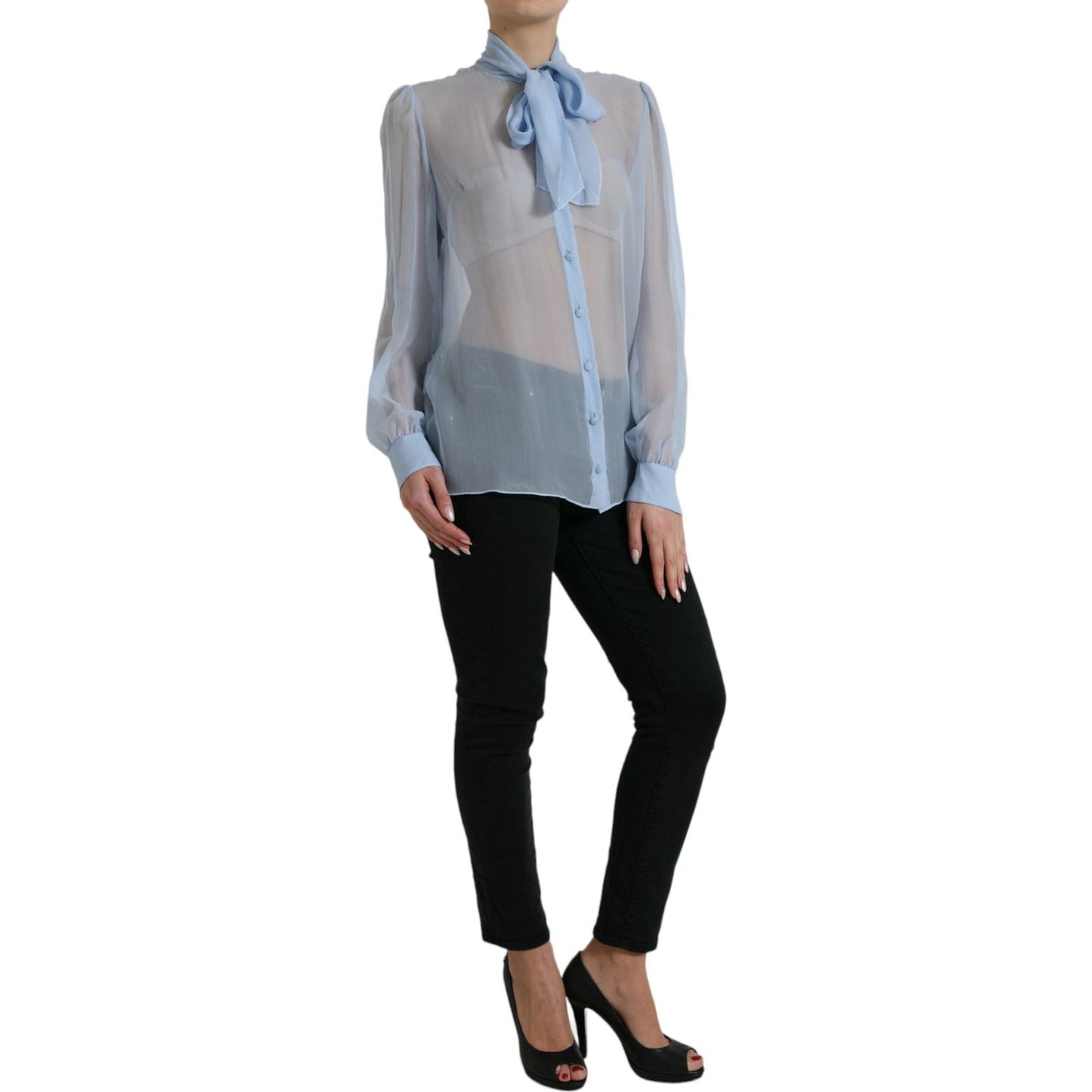Dolce & Gabbana Blue Long Sleeves Ascot Collar Blouse Top Dolce & Gabbana