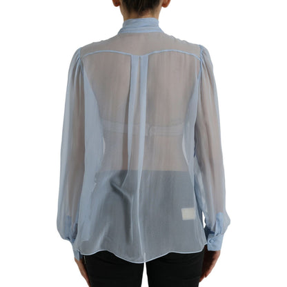 Dolce & Gabbana Blue Long Sleeves Ascot Collar Blouse Top Dolce & Gabbana