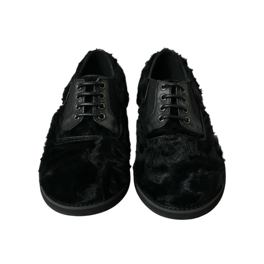 Dolce & Gabbana Black Fur Leather Lace Up Derby Dress Shoes