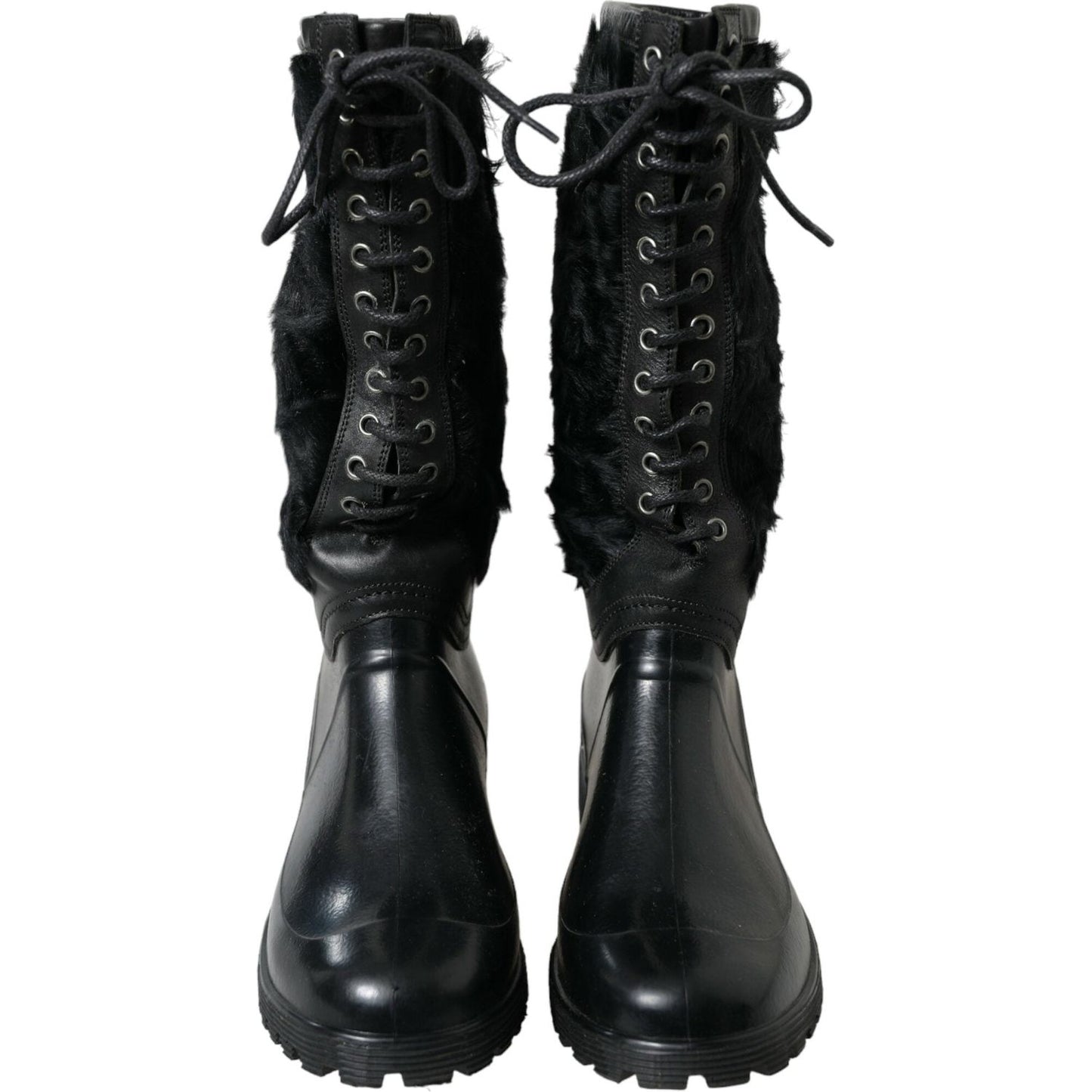 Dolce & Gabbana Black Rubber Lace Up Shearling Rain Boots Shoes Dolce & Gabbana