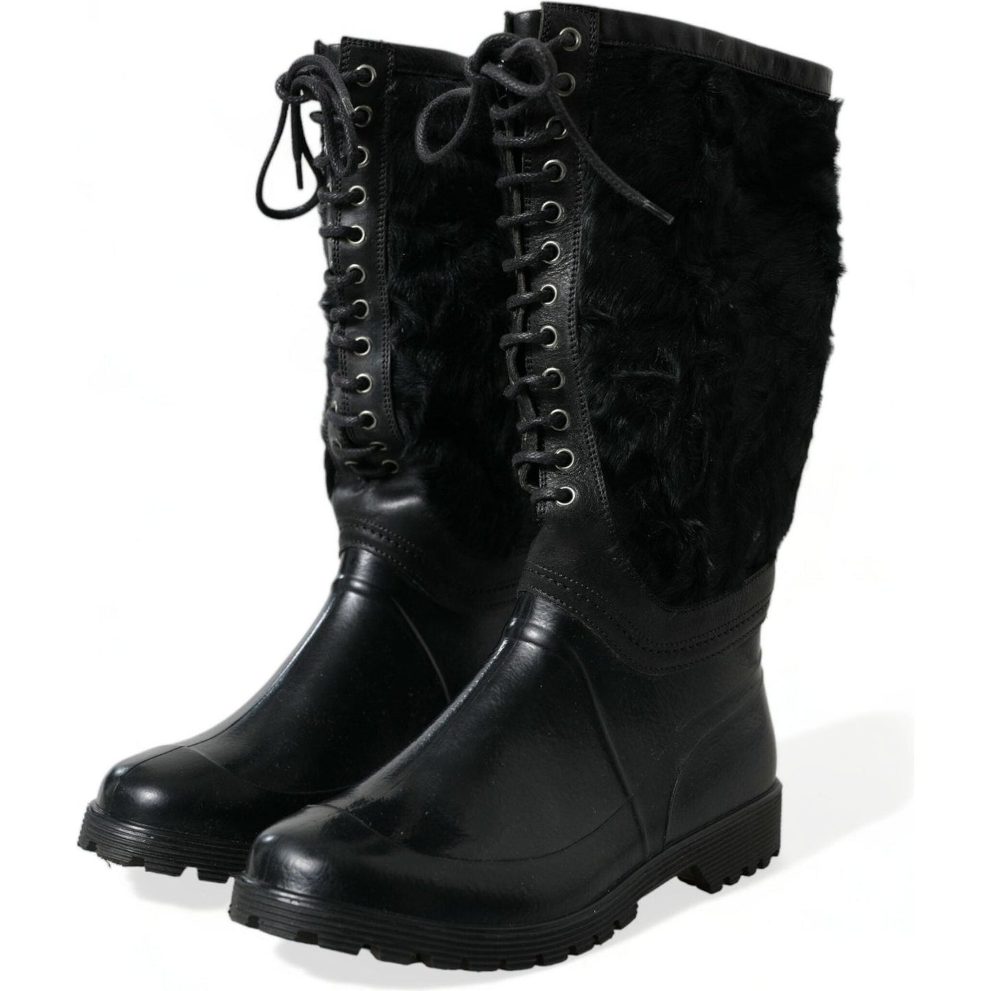 Dolce & Gabbana Black Rubber Lace Up Shearling Rain Boots Shoes Dolce & Gabbana