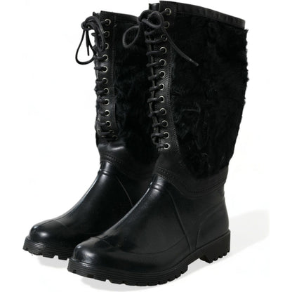 Dolce & Gabbana Black Rubber Lace Up Shearling Rain Boots Shoes Dolce & Gabbana