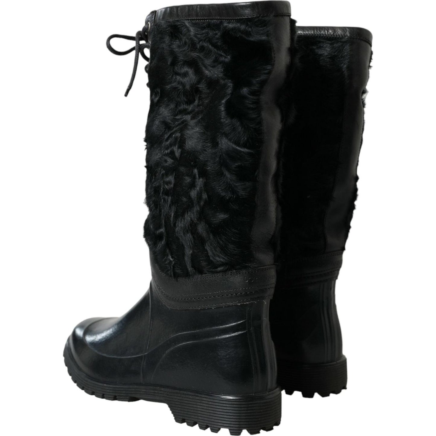 Dolce & Gabbana Black Rubber Lace Up Shearling Rain Boots Shoes Dolce & Gabbana