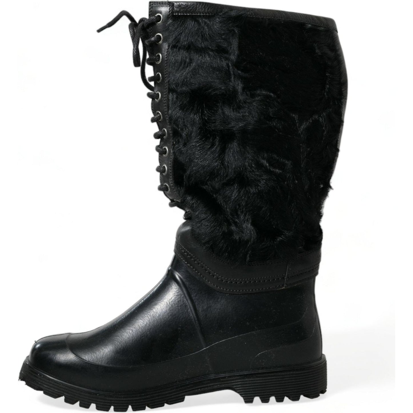 Dolce & Gabbana Black Rubber Lace Up Shearling Rain Boots Shoes Dolce & Gabbana