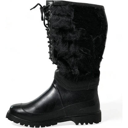 Dolce & Gabbana Black Rubber Lace Up Shearling Rain Boots Shoes Dolce & Gabbana