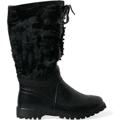 Dolce & Gabbana Black Rubber Lace Up Shearling Rain Boots Shoes Dolce & Gabbana