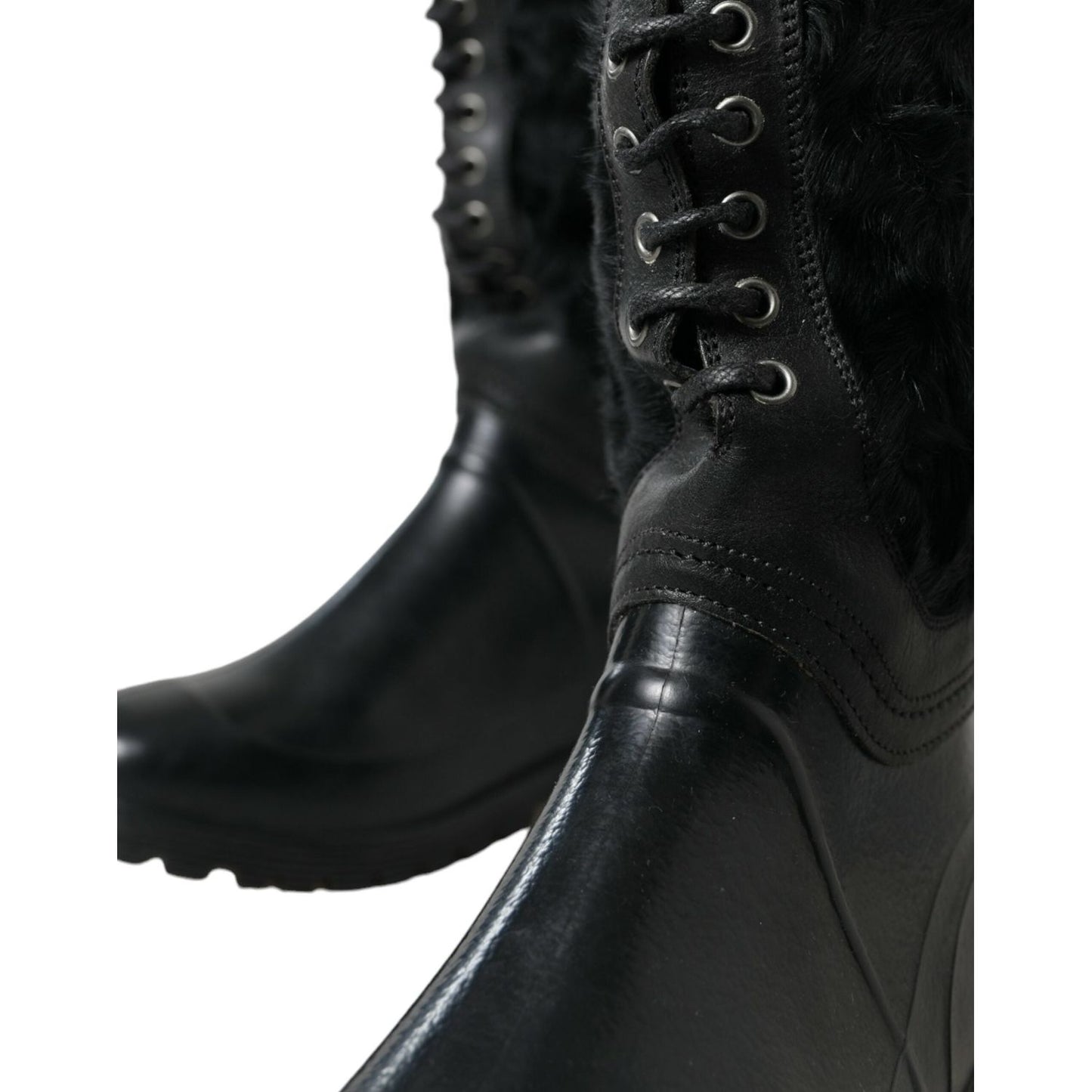 Dolce & Gabbana Black Rubber Lace Up Shearling Rain Boots Shoes Dolce & Gabbana