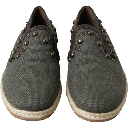 Dolce & Gabbana Gray Linen Leather Studded Loafers Shoes Dolce & Gabbana
