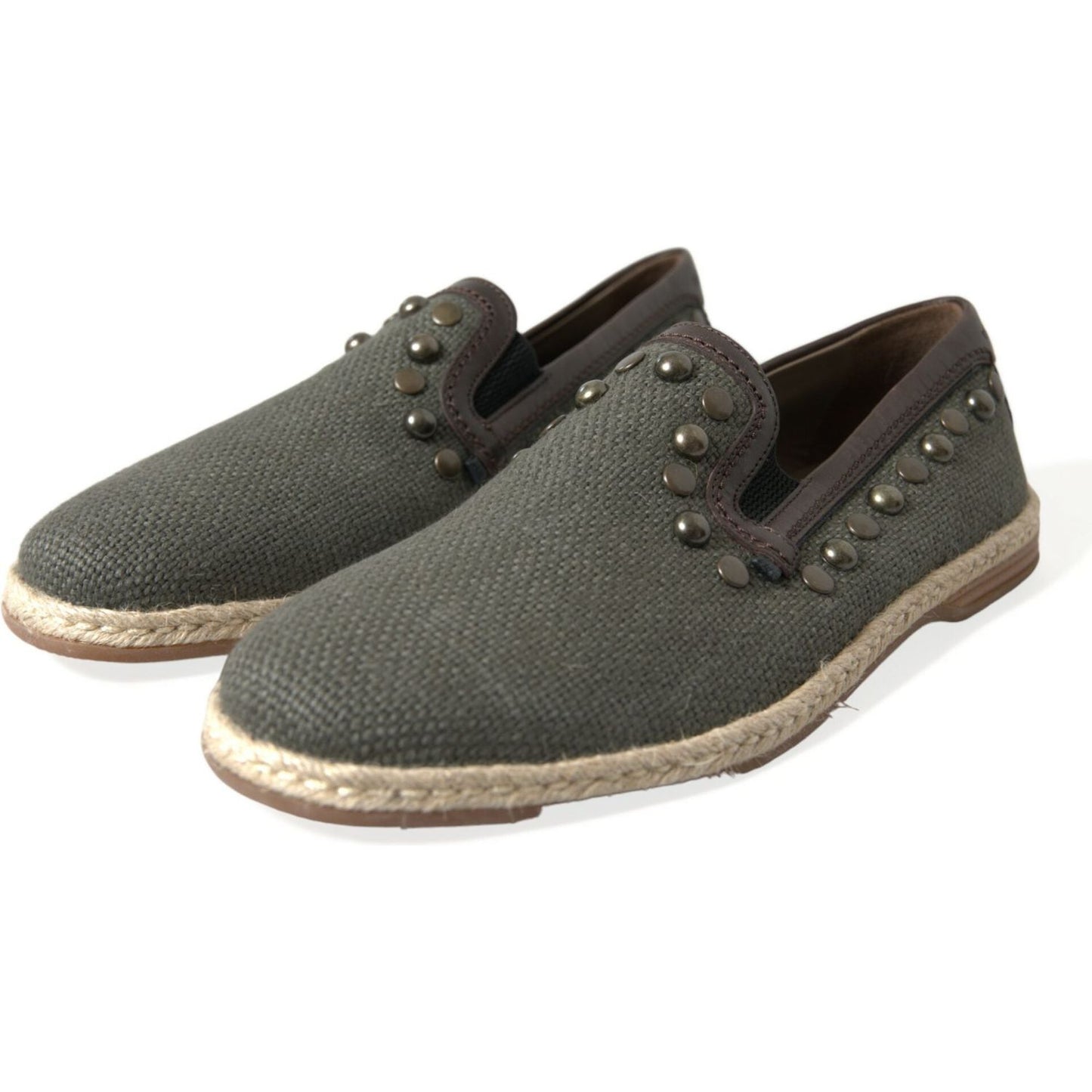 Dolce & Gabbana Gray Linen Leather Studded Loafers Shoes Dolce & Gabbana