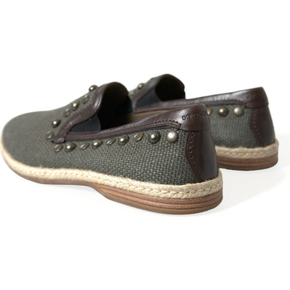 Dolce & Gabbana Gray Linen Leather Studded Loafers Shoes Dolce & Gabbana