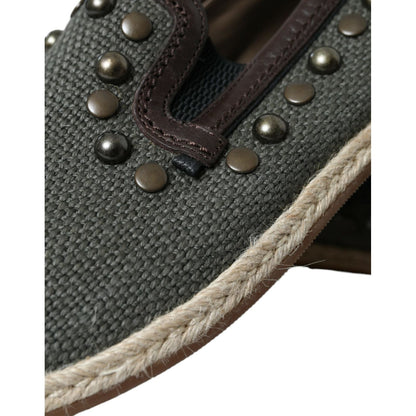 Dolce & Gabbana Gray Linen Leather Studded Loafers Shoes Dolce & Gabbana