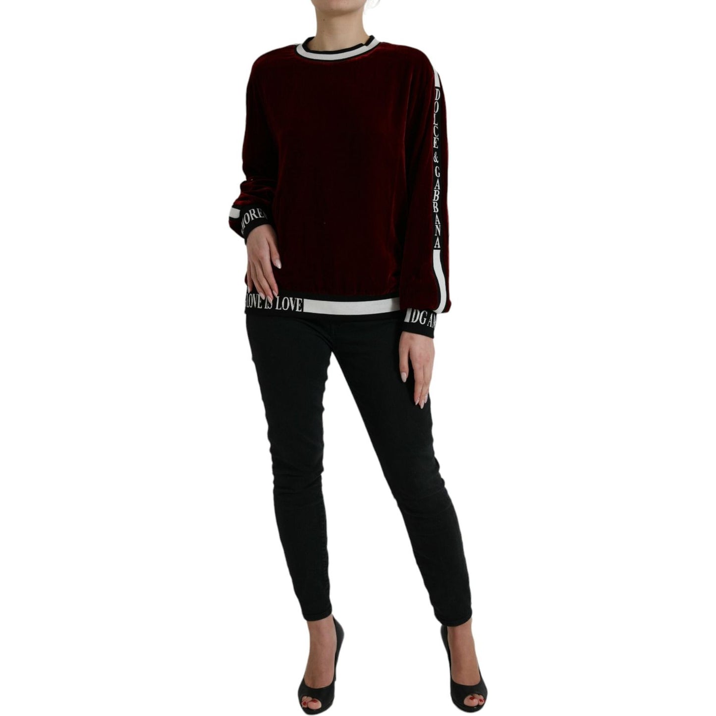 Dolce & Gabbana Bordeaux Velvet Round Neck Pullover Sweater Dolce & Gabbana