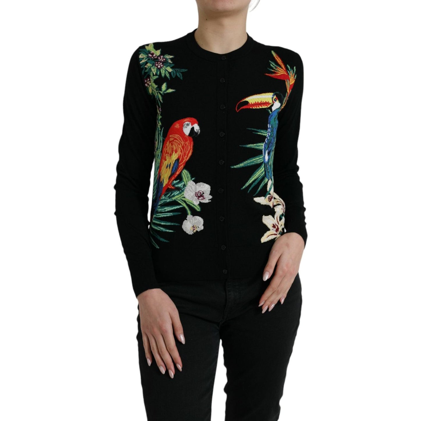 Dolce & Gabbana Black Bird Wool Long Sleeve Cardigan Sweater Dolce & Gabbana