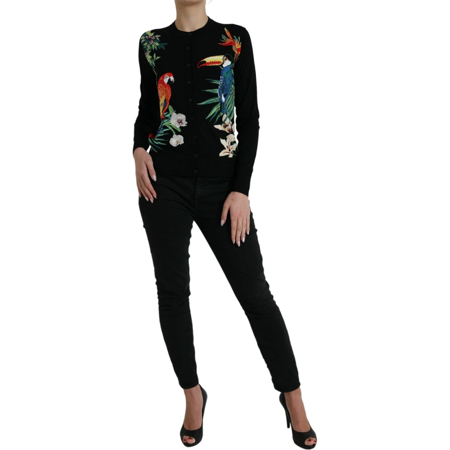 Dolce & Gabbana Black Bird Wool Long Sleeve Cardigan Sweater Dolce & Gabbana