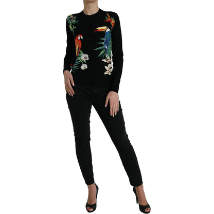 Dolce & Gabbana Black Bird Wool Long Sleeve Cardigan Sweater Dolce & Gabbana